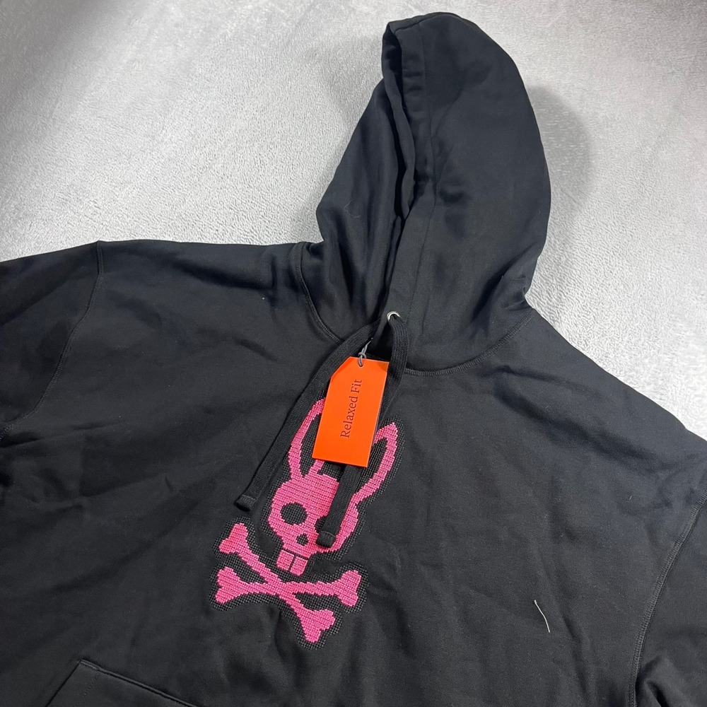 Psycho Bunny Lancaster Brushed Fleece Hoodie Black Pink Skull Logo B6H636A2FT S
